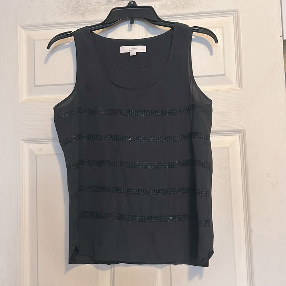 LOFT Black Sleeveless Top Size Petite Small with Sequin Stripes